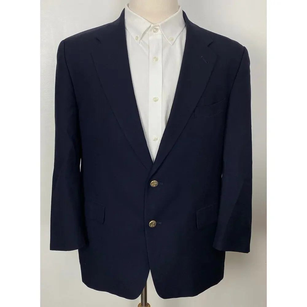 VTG Burberrys USA Union Made gold 2-button logo navy wool blazer, 43S